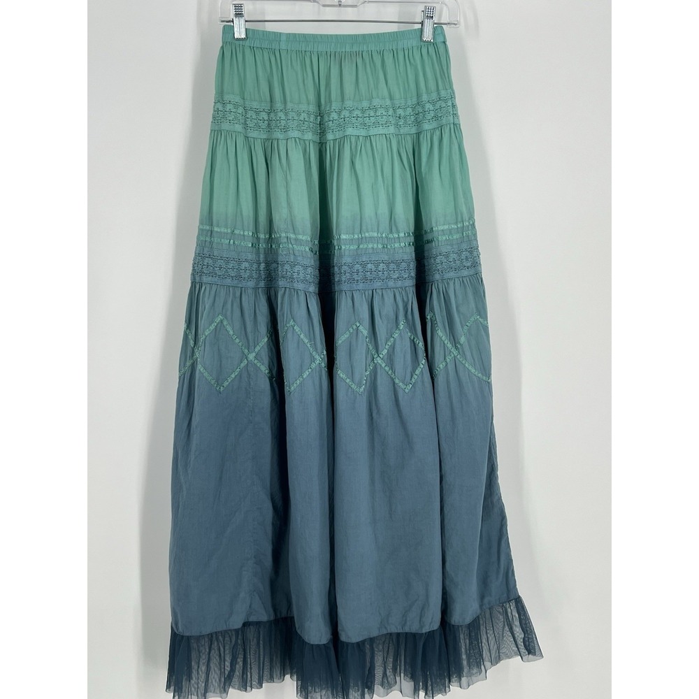 Boho Women's Size Small Tiered Maxi Skirt Peasant Crochet Ribbon Ruffle Hem